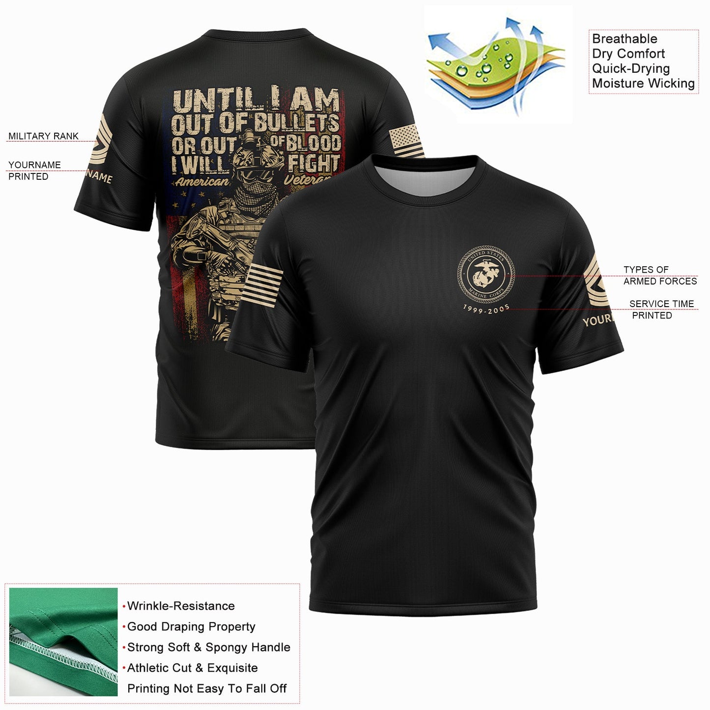 Until I Am Out Of Bullets Or Out Of Blood I Will Fight Custom Black American Military Rank Veteran Name T-Shirt