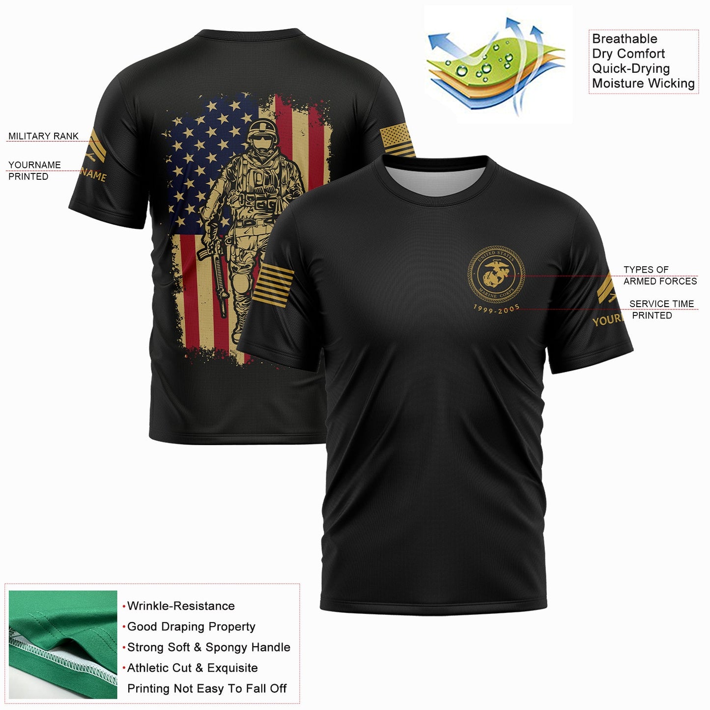 Custom Black American Flag Military Veteran Name T-Shirt