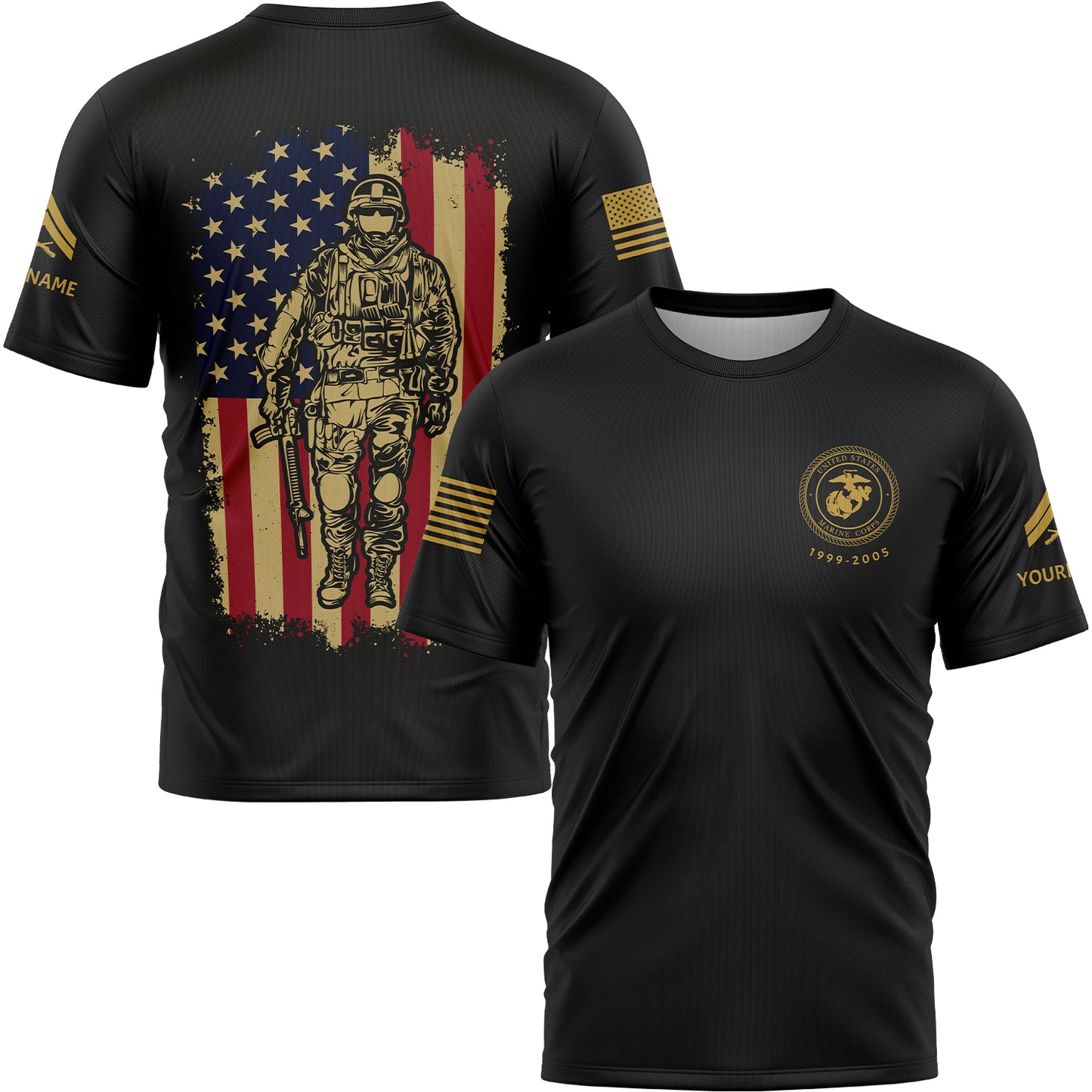 Custom Black American Flag Military Veteran Name T-Shirt