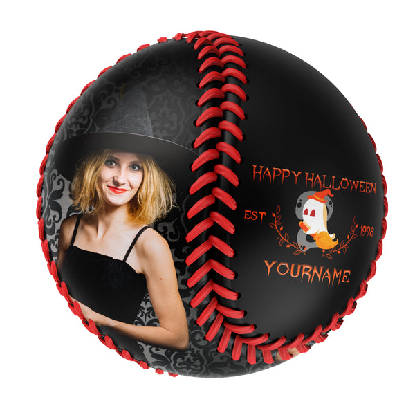Custom Black Happy Halloween Ghost Photo Baseballs