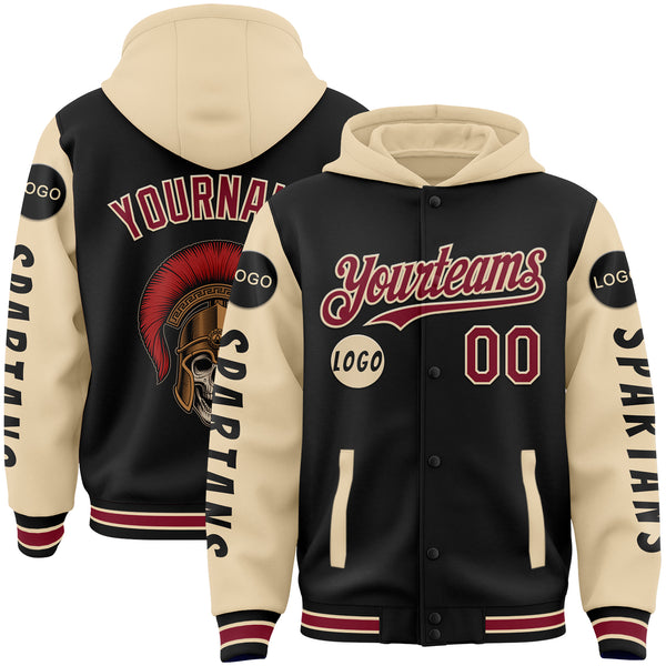 Custom Black City Cream Skull Bomber Full-Snap Varsity Letterman Two Tone Hoodie Jacket