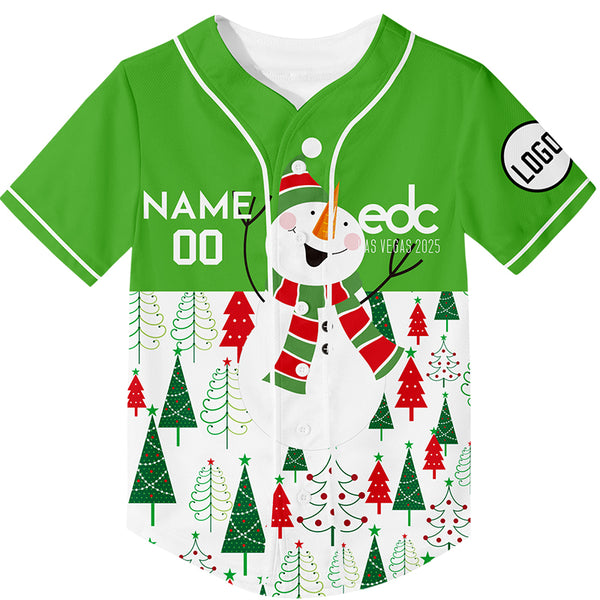 Custom Green White EDC Christmas Snowman Christmas Tree Rave Baseball Jersey For EDM EDC Festivals