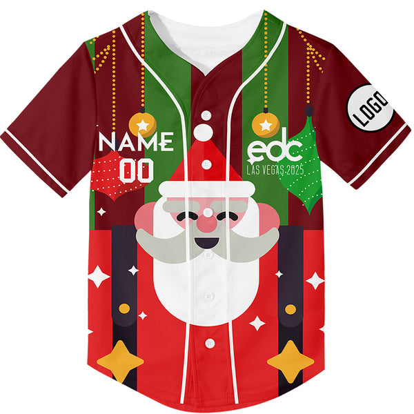 Custom Kelly Green Red EDC Christmas Santa Claus Rave Baseball Jersey For EDM EDC Festivals