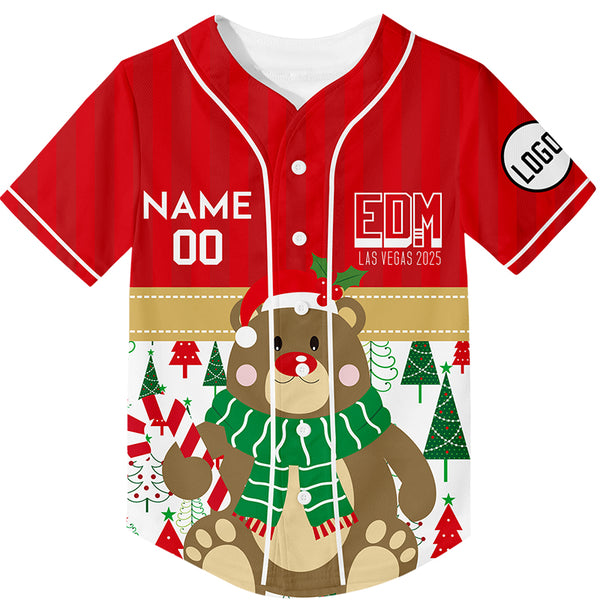Custom Red EDM Christmas Tree Bear Rave Baseball Jersey For EDM EDC Festivals
