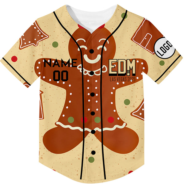 Custom Old Gold Light Khaki EDM Christmas Gingerbread Rave Baseball Jersey For EDM EDC Festivals