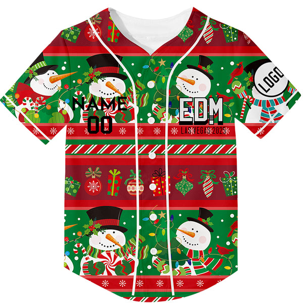 Custom Kelly Green Red EDM Christmas Snowman Gift Rave Baseball Jersey For EDM EDC Festivals