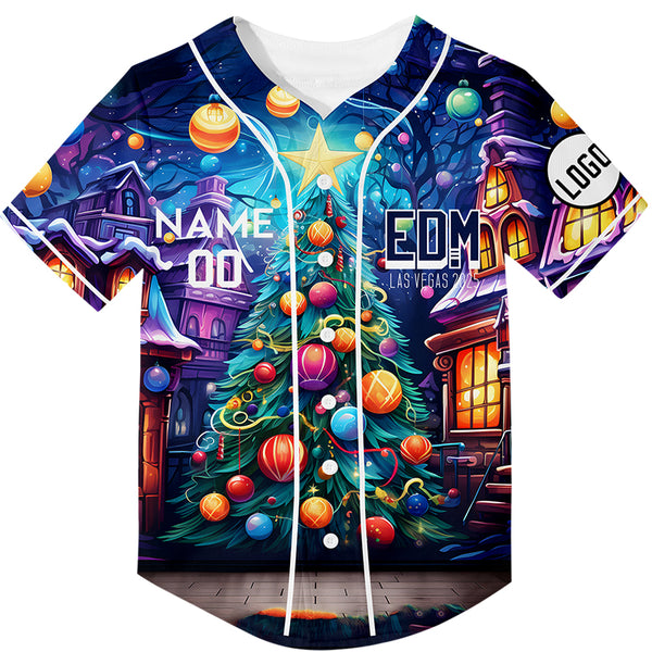 Custom Purple Sky Blue EDM Christmas Tree Rave Baseball Jersey For EDM EDC Festivals