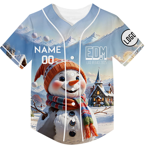 Custom Light Blue EDM Christmas Snowman Rave Baseball Jersey For EDM EDC Festivals