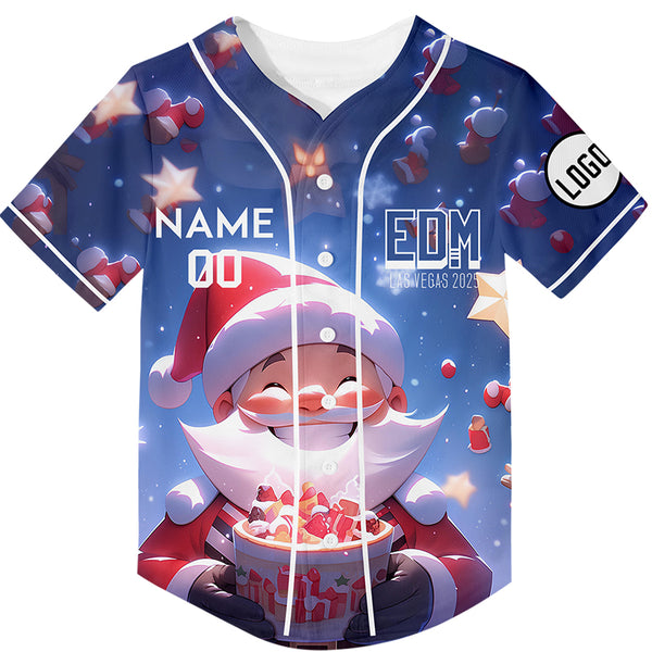 Custom Electric Blue EDM Christmas Santa Claus Rave Baseball Jersey For EDM EDC Festivals
