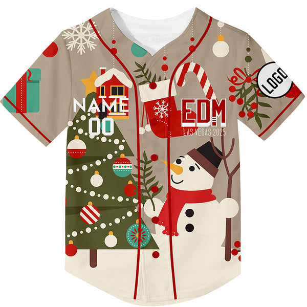 Custom Light khaki EDM Christmas Tree Snowman Rave Baseball Jersey For EDM EDC Festivals