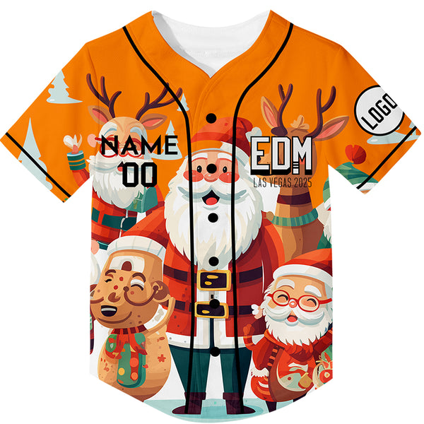 Custom Bay Orange EDM Christmas Santa Claus Elk Rave Baseball Jersey For EDM EDC Festivals