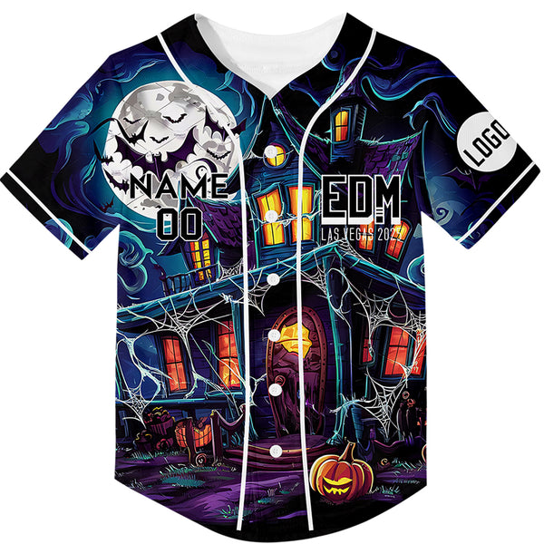 Custom Purple EDM Halloween Pumpkin Bat Castle Rave Baseball Jersey For EDM EDC Festivals