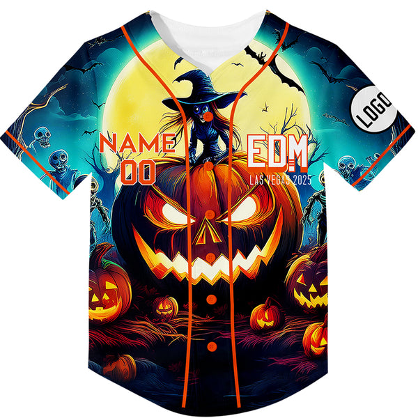 Custom Gold Black EDM Halloween Pumpkin Witch Bat Skull Rave Baseball Jersey For EDM EDC Festivals