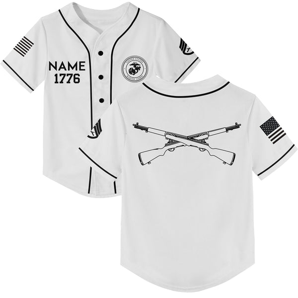 Custom White U.S Marine Corps Military Rank Veteran Name Baseball Jersey