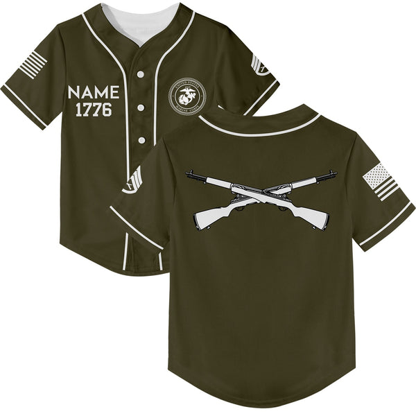 Custom Olive U.S Marine Corps Military Rank Veteran Name Baseball Jersey