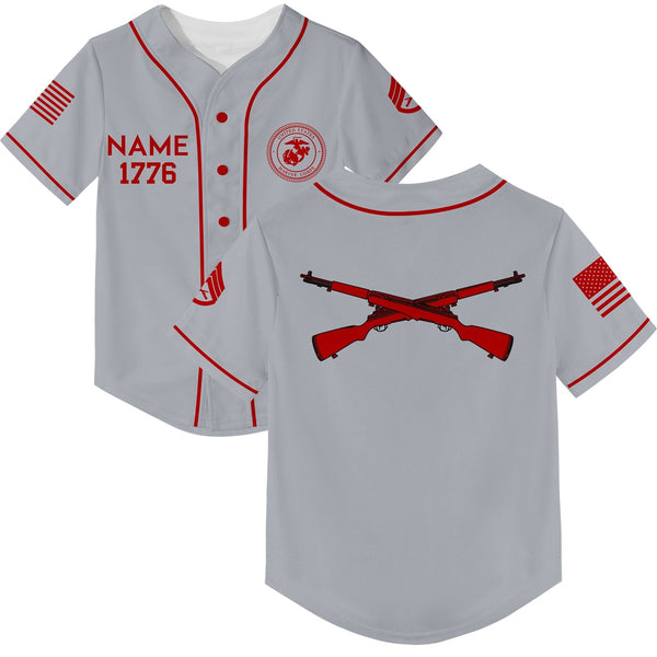 Custom Grey U.S Marine Corps Military Rank Veteran Name Baseball Jersey