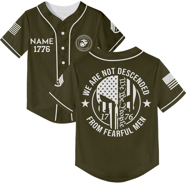 Custom Olive 1776 We Are Not Descended From Fearful Men Military Rank Veteran Name Baseball Jersey