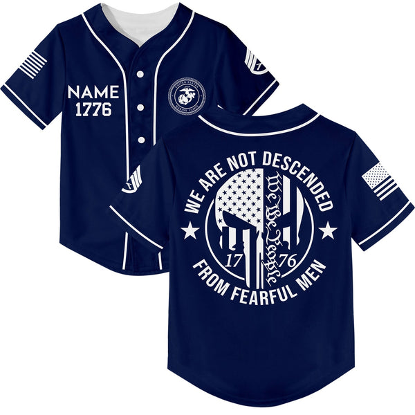 Custom Navy 1776 We Are Not Descended From Fearful Men Military Rank Veteran Name Baseball Jersey