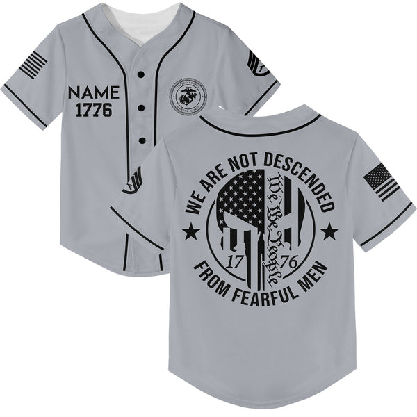 Custom Grey 1776 We Are Not Descended From Fearful Men Military Rank Veteran Name Baseball Jersey