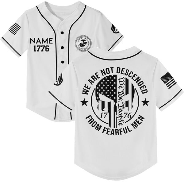 Custom White 1776 We Are Not Descended From Fearful Men Military Rank Veteran Name Baseball Jersey