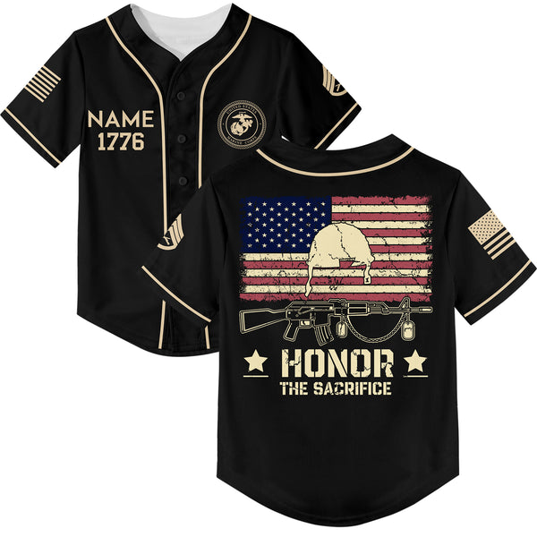 Honor The Sacrifice Custom Black American Flay Military Rank Veteran Name Memorial Day Baseball Jersey