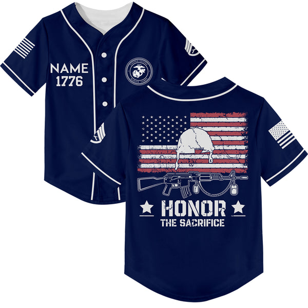 Honor The Sacrifice Custom Navy American Flay Military Rank Veteran Name Memorial Day Baseball Jersey