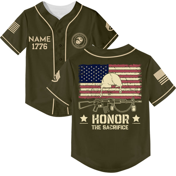 Honor The Sacrifice Custom Olive American Flay Military Rank Veteran Name Memorial Day Baseball Jersey
