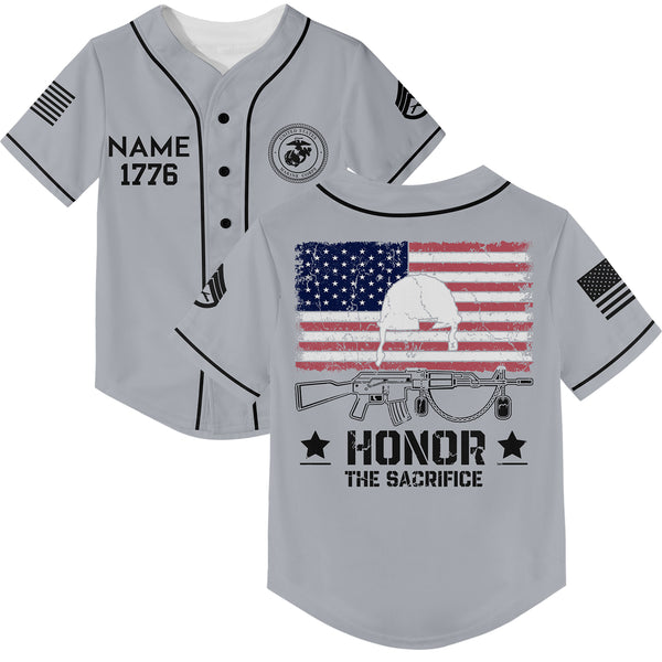 Honor The Sacrifice Custom Grey American Flay Military Rank Veteran Name Memorial Day Baseball Jersey