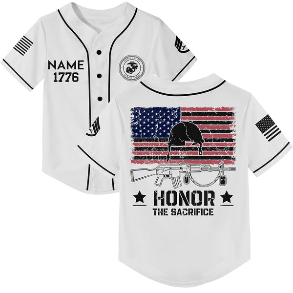 Honor The Sacrifice Custom White American Flay Military Rank Veteran Name Memorial Day Baseball Jersey