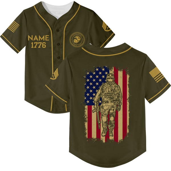 Custom Olive American Flag Military Rank Veteran Name Baseball Jersey
