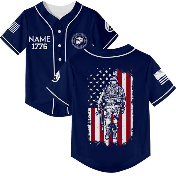 Custom Navy American Flag Military Rank Veteran Name Baseball Jersey