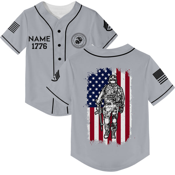 Custom Grey American Flag Military Rank Veteran Name Baseball Jersey