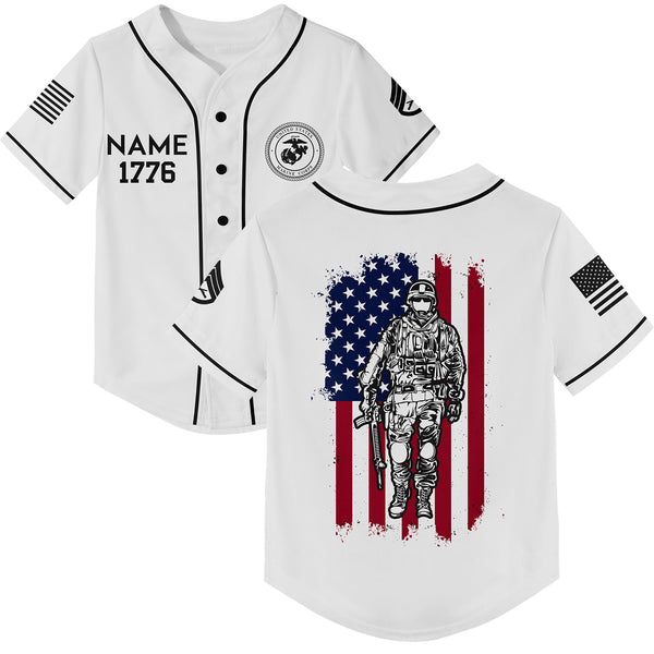 Custom White American Flag Military Rank Veteran Name Baseball Jersey