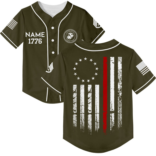 Custom Olive American Flag Military Rank Veteran Name Baseball Jersey