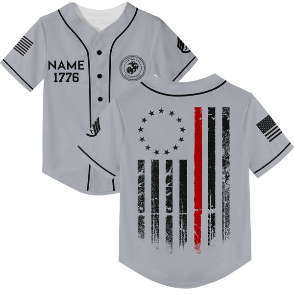 Custom Grey American Flag Military Rank Veteran Name Baseball Jersey