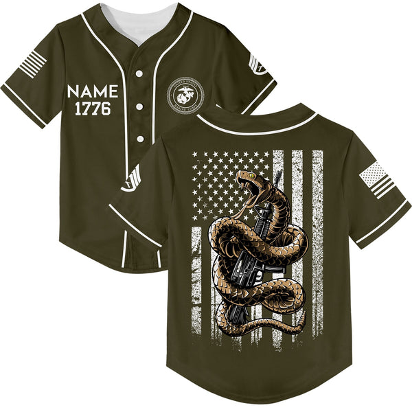 Custom Olive Snake American Flag Military Rank Veteran Name Memorial Day Name Baseball Jersey