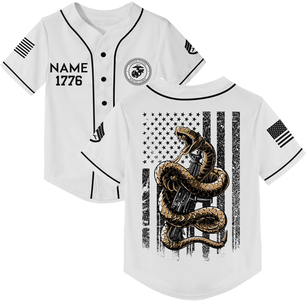 Custom White Snake American Flag Military Rank Veteran Name Memorial Day Name Baseball Jersey