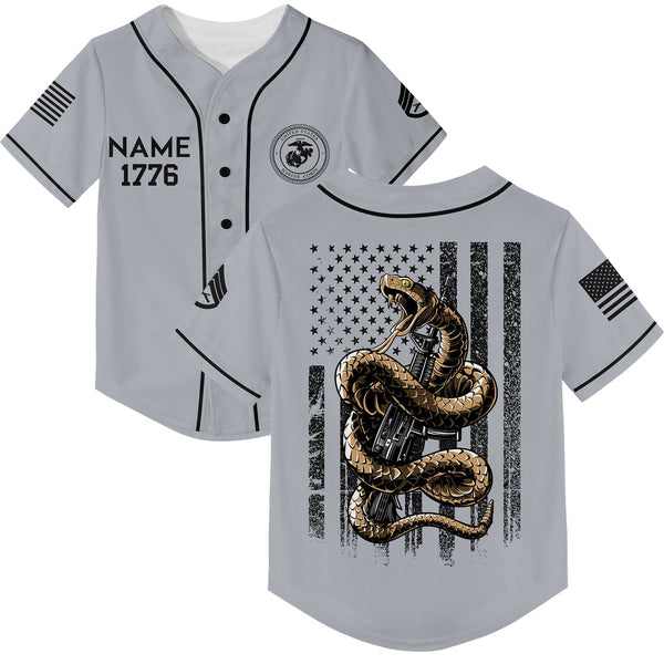 Custom Grey Snake American Flag Military Rank Veteran Name Memorial Day Name Baseball Jersey