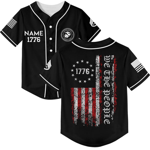 Custom Black 1776 We The People Freedom American Flag Military Rank Veteran Name Baseball Jersey