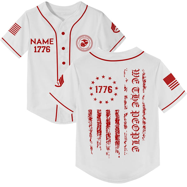 Custom White 1776 We The People Freedom American Flag Military Rank Veteran Name Baseball Jersey