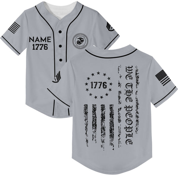 Custom Grey 1776 We The People Freedom American Flag Military Rank Veteran Name Baseball Jersey