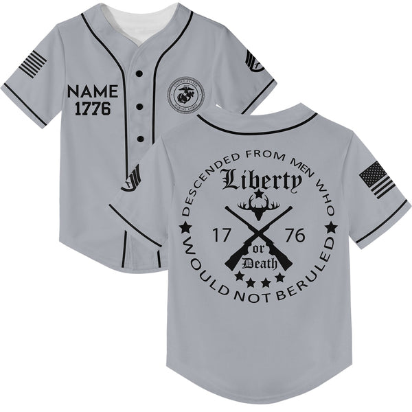 Custom Grey Descended From Men Who Would Not Beruled 1776 Military Rank Veteran Name Baseball Jersey