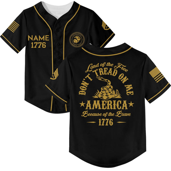 Custom Black Land OF The Free Don't Tread On Me America Because Of The Brave 1776 Military Rank Veteran Name Baseball Jersey