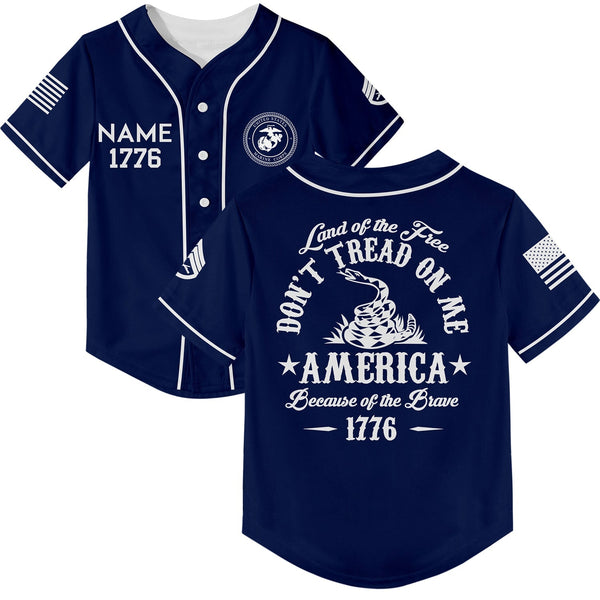 Custom Navy Land OF The Free Don't Tread On Me America Because Of The Brave 1776 Military Rank Veteran Name Baseball Jersey
