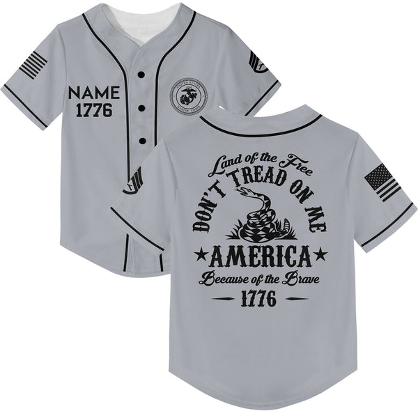 Custom Grey Land OF The Free Don't Tread On Me America Because Of The Brave 1776 Military Rank Veteran Name Baseball Jersey