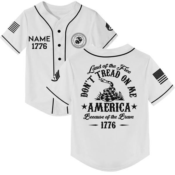 Custom White Land OF The Free Don't Tread On Me America Because Of The Brave 1776 Military Rank Veteran Name Baseball Jersey