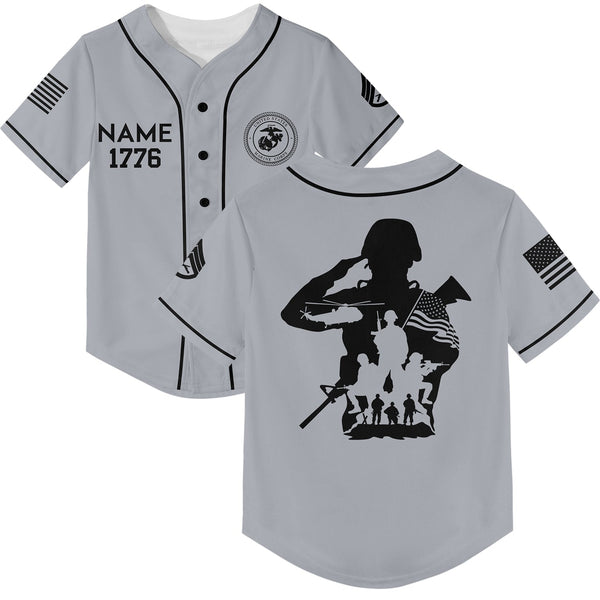Custom Grey USA Military Rank Veteran Name Baseball Jersey