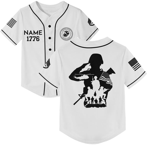 Custom White USA Military Rank Veteran Name Baseball Jersey