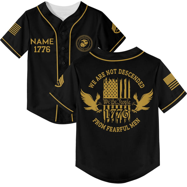 Custom Black 1776 We Are Not Descended From Fearful Men Military Rank Veteran Name Baseball Jersey