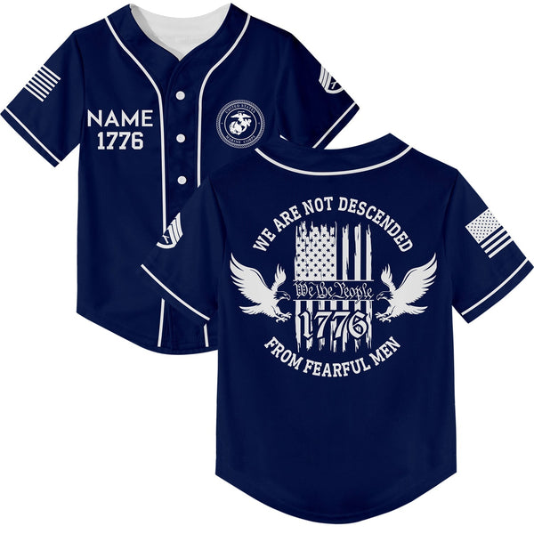 Custom Navy 1776 We Are Not Descended From Fearful Men Military Rank Veteran Name Baseball Jersey